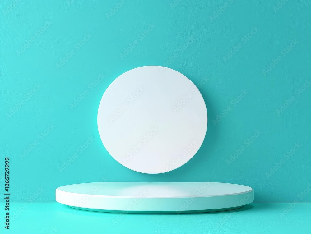 Minimalist display podium with a floating circle on a vibrant turquoise background. Minimalist display podium with a floating circle on a vibrant turquoise background.