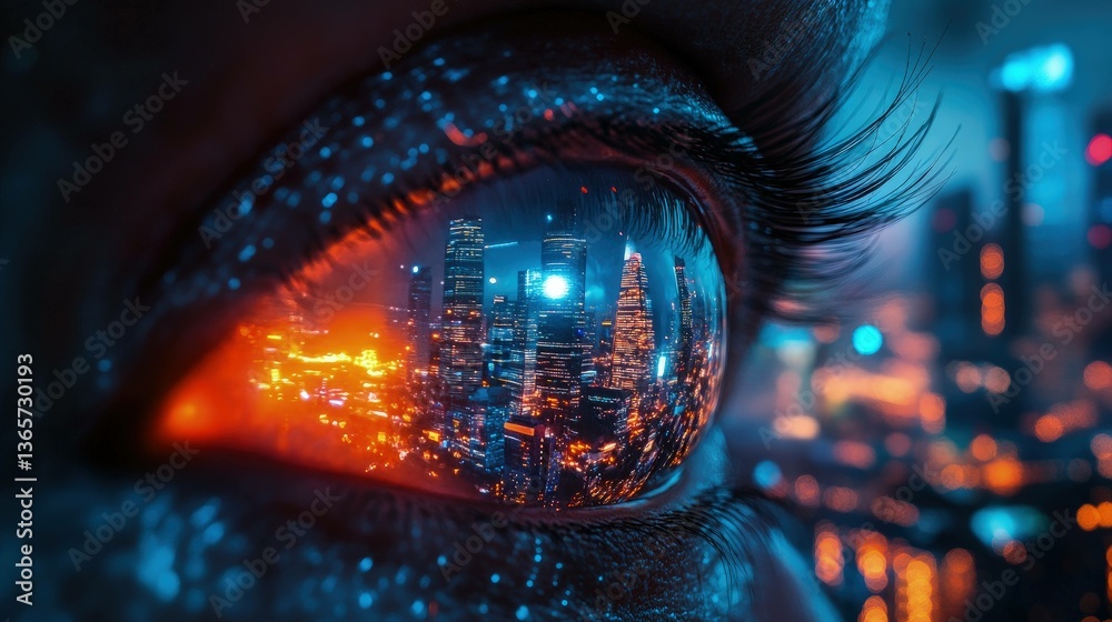Cityscape reflected in eye close up vision future metropolis concept Cityscape reflected in eye close up vision future metropolis concept