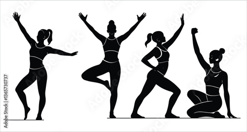 Yoga and ballet pose black silhouettes icons. Silhouettes of yoga and dance poses vector. Vector black silhouettes of dancing and yoga figures. Collection of yoga and dance pose silhouettes vector