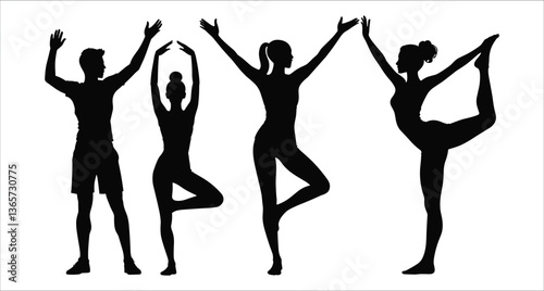 Yoga and ballet pose black silhouettes icons. Silhouettes of yoga and dance poses vector. Vector black silhouettes of dancing and yoga figures. Collection of yoga and dance pose silhouettes vector