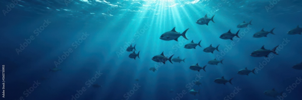 Fototapeta premium Dark blue ocean surface reflected in a school of fish, marine life, coral reef