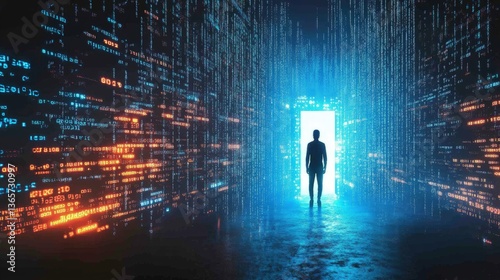 Man entering digital future metaverse data stream technology portal