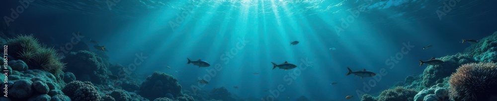 Fototapeta premium Dark blue ocean surface with scattered fish and seaweed, reflection, blue