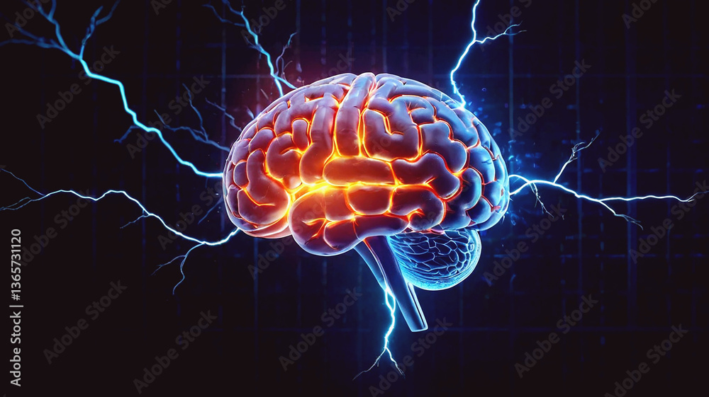 Futuristic human brain illustration with neon glow on dark tech background Futuristic human brain illustration with neon glow on dark tech background
