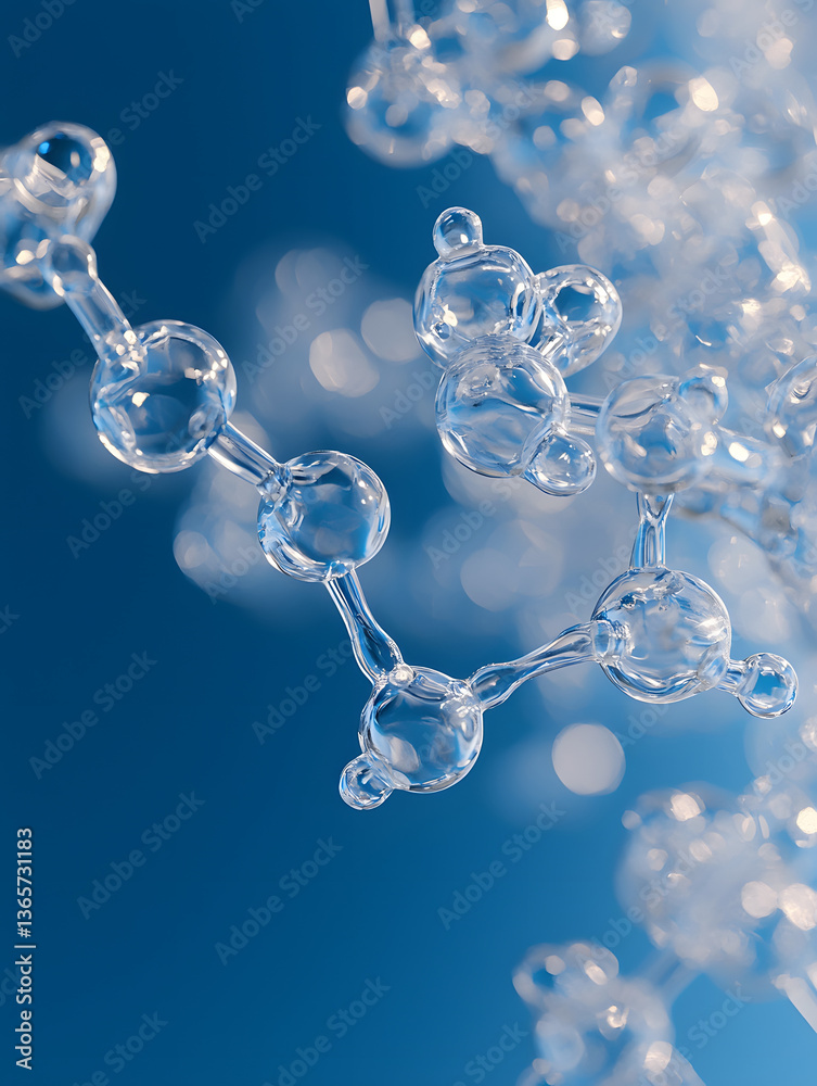 Translucent molecular structure connected by slender rods against a soft-focus blue background with bokeh highlights. Translucent molecular structure connected by slender rods against a soft-focus blue background with bokeh highlights.