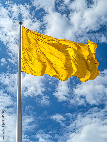 Vibrant yellow flag billowing in the wind against a bright blue sky and fluffy white clouds.