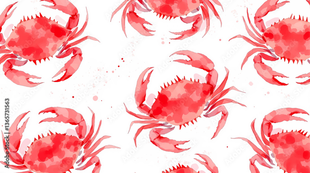 Seamless pattern with red crab in watercolor style on white background