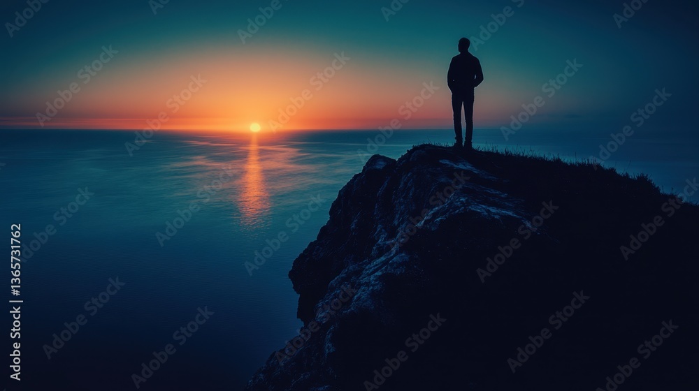 Fototapeta premium Solitary Figure on Rocky Coastline Watching Vibrant Sunset over Calm Ocean Waters in Tranquil Atmosphere