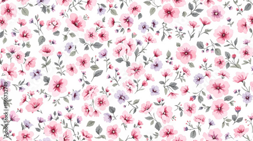 Watercolor Pink flower background, Beautiful seamless pattern with watercolor gentle blue flowers. Stock illustration.	