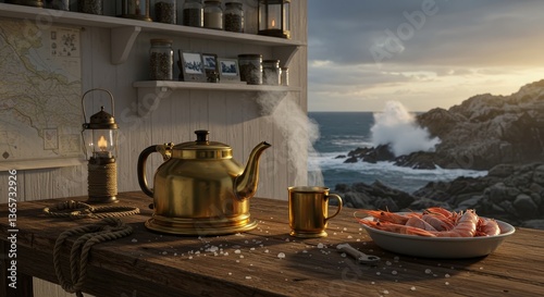 Golden teapot and delicious shrimp dish on rustic table with ocean view at sunset