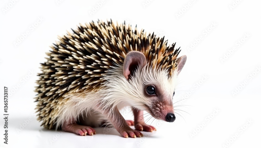 Tiny hedgehog, curled in self-defense, isolated on pure white background, animal, spiny Tiny hedgehog, curled in self-defense, isolated on pure white background, animal, spiny