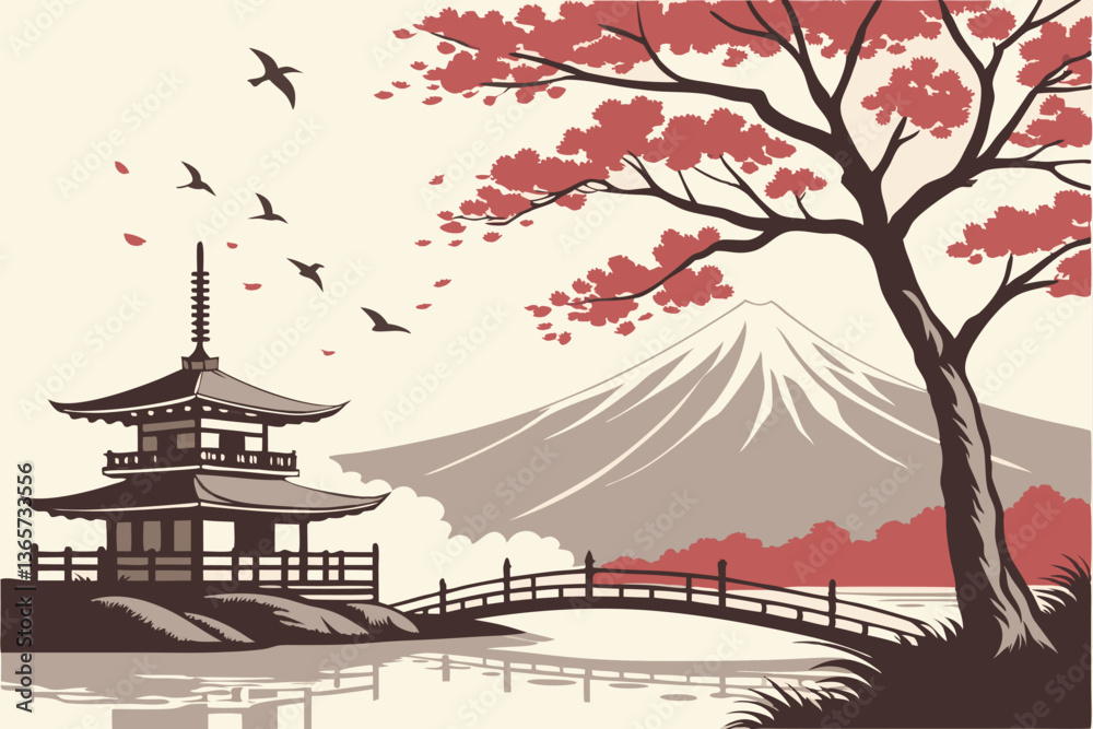 Fototapeta premium 33 Japanese landscape painting, Mount Fuji, tranquil lake, red maple tree, pagoda, misty mountains, birds in flight, traditional wooden bridge, ethereal atmosphere, ink wash style, cherry blossoms, dr