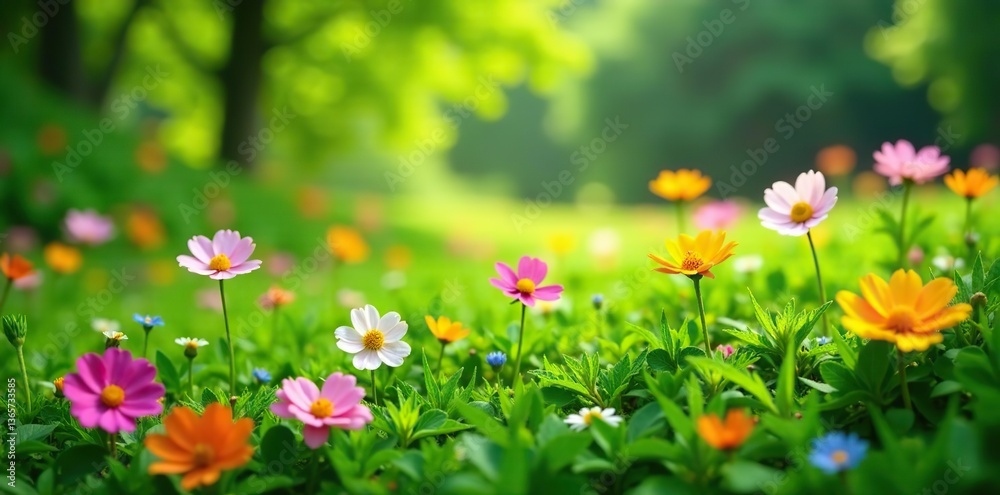 Fototapeta premium Lush green grass with a variety of colorful flowers blooming, serene, grass