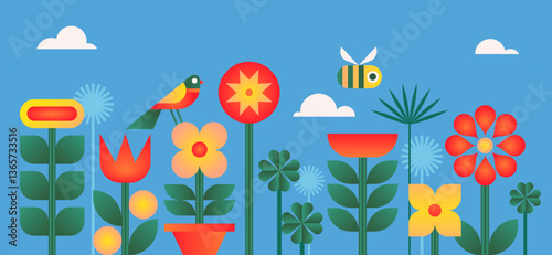 Background decorated with colorful flowers and leaves. Floral, spring and summer banner. Geometric flat vector illustration.