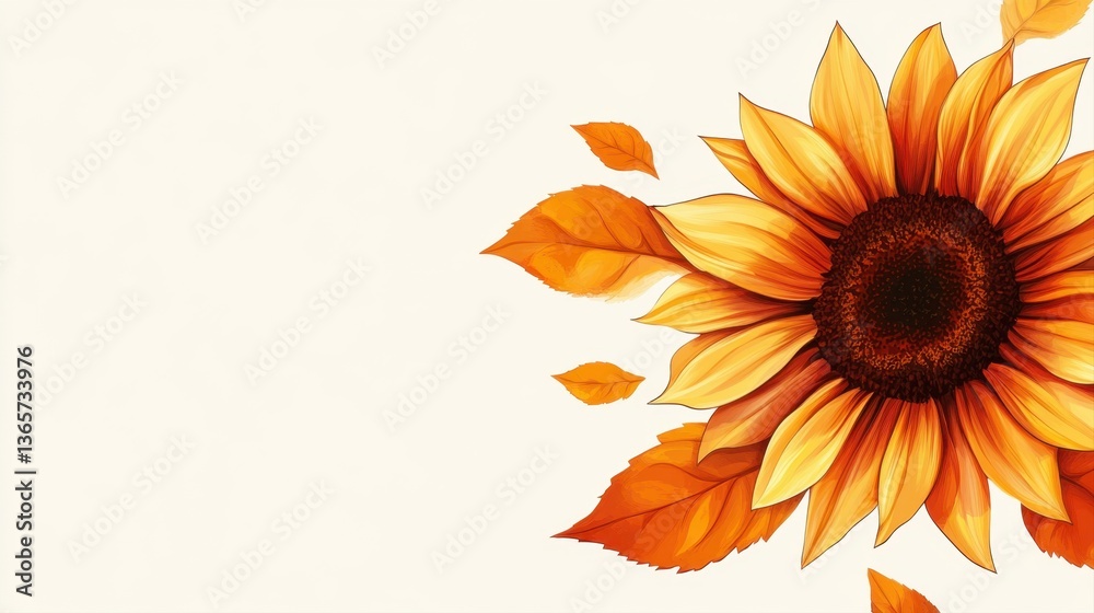 Obraz premium Vibrant Sunflower with Autumn Leaves on a Soft Cream Background for Seasonal Decor and Nature Themes