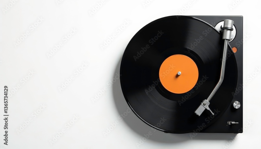 Obraz premium Turntable vinyl record player on white background, top view, spinning, isolated