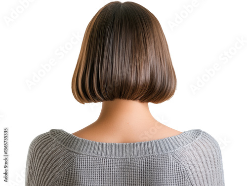 Short bob hairstyle showcased from the back with simple sweater, cut out