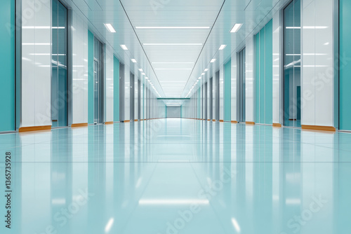 shiny and symmetrical commercial hall with modern design features long corridor lined with glass panels and bright lighting, creating futuristic and clean atmosphere