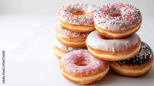 Wallpaper Mural A stack of vibrant donuts with glossy icing and sprinkles, perfectly lit on a pure white background. Torontodigital.ca