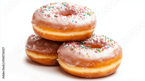 Wallpaper Mural A stack of vibrant donuts with glossy icing and sprinkles, perfectly lit on a pure white background. Torontodigital.ca