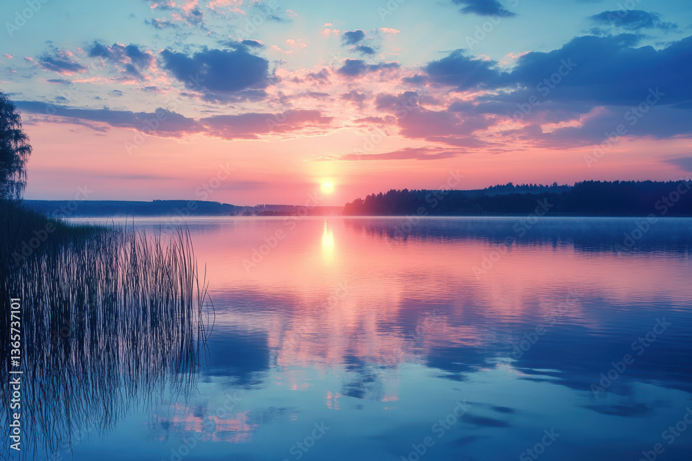 Sunset casting golden hues over lake with tranquil water and tall reeds silhouetted against the sky. Sunset casting golden hues over lake with tranquil water and tall reeds silhouetted against the sky.
