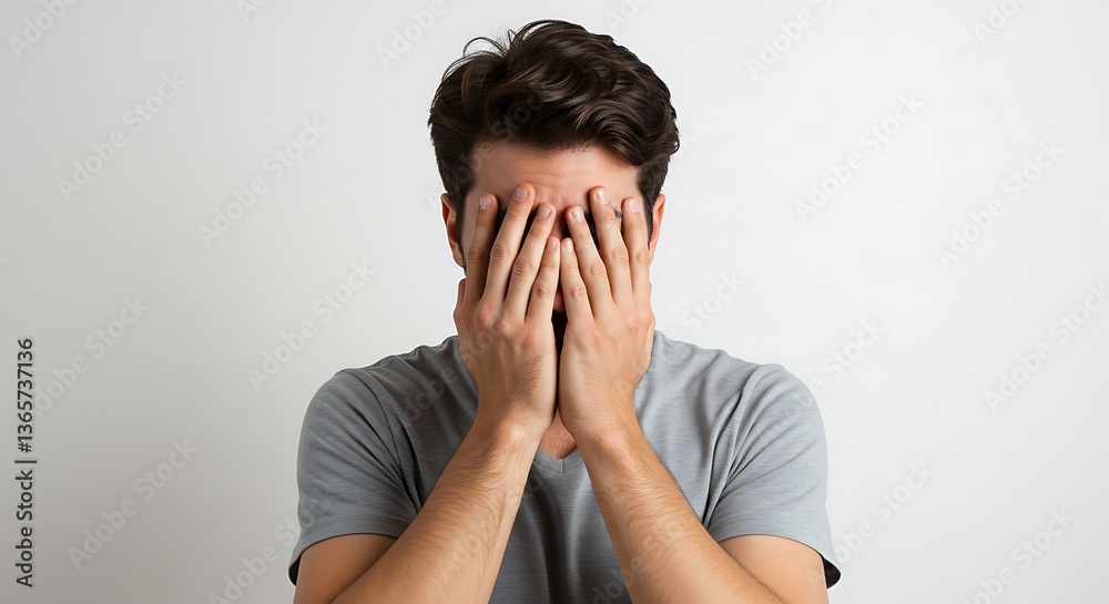 Man covering his face with his hands in despairisolated on white background Man covering his face with his hands in despairisolated on white background