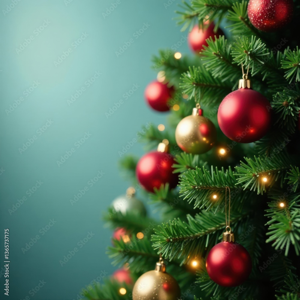 Evergreen Christmas tree with sparkling ornaments and twinkling lights , baubles, festive decoration Evergreen Christmas tree with sparkling ornaments and twinkling lights , baubles, festive decoration