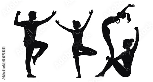 Dancing and yoga poses silhouettes vector design. Black silhouettes of dancers and yoga poses vector. Female dancers and yoga poses silhouettes vector art. Ballet and yoga pose silhouettes