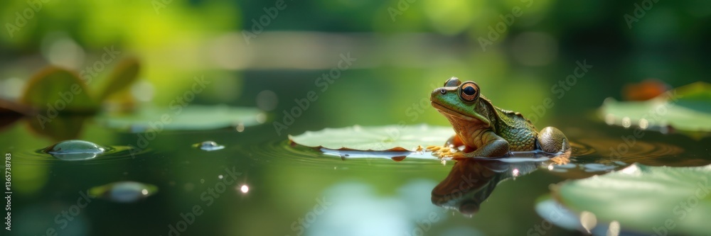 Frog's-eye view of a serene pond, reflection, calm Frog's-eye view of a serene pond, reflection, calm