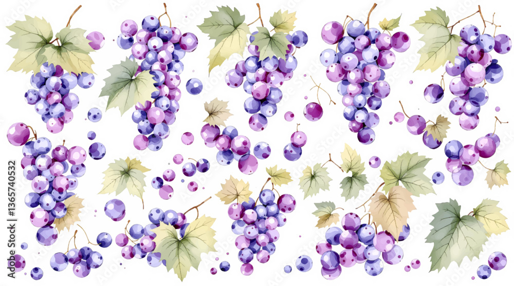 Seamless watercolor pattern of green and blue grapes set against a crisp white background ideal for textile and wallpaper design	