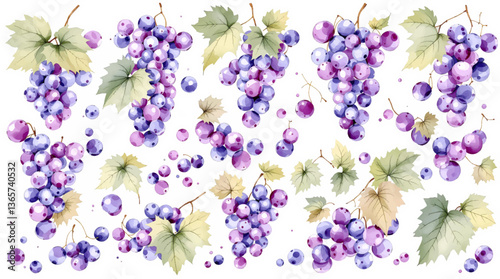 Seamless watercolor pattern of green and blue grapes set against a crisp white background ideal for textile and wallpaper design	