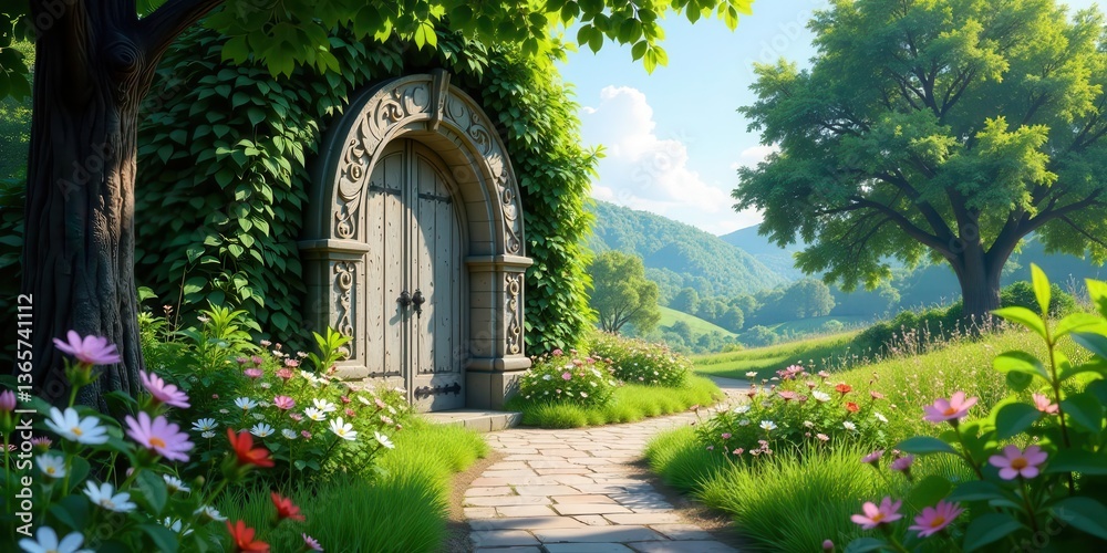 Naklejka premium Secret Garden Path Leading to an Ancient Wooden Door in a Sunlit Meadow