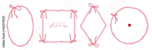 Pink Thin Ribbon Frames with Bows Set. A collection of geometric ribbon frames, featuring bows and flowing edges in oval, round, rhombus and square shapes for elegant and feminine designs. Vector
