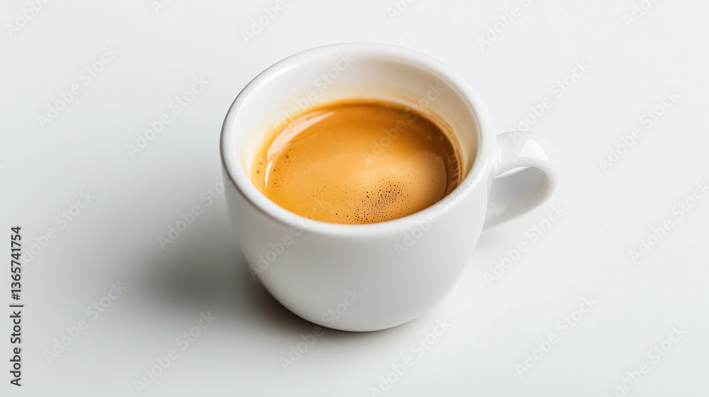 Naklejka premium A freshly brewed espresso shot in a small cup, deep crema on a white background.