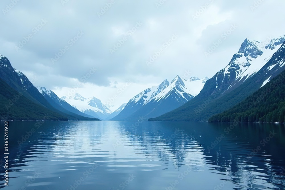 Scenic view of snow-capped mountains in the Inside Passage during a luxurious Alaska whale watching cruise,  boat excursion,  tourism