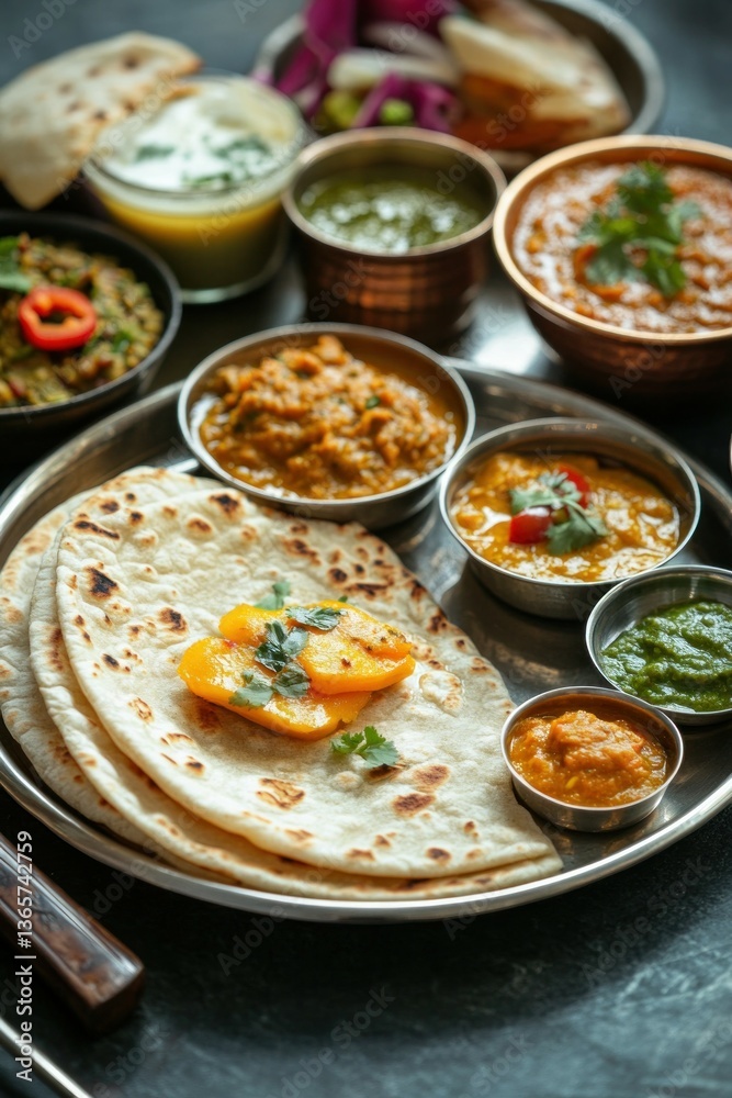 Traditional indian thali with naan and assorted curries on metallic tray. Traditional indian thali with naan and assorted curries on metallic tray.