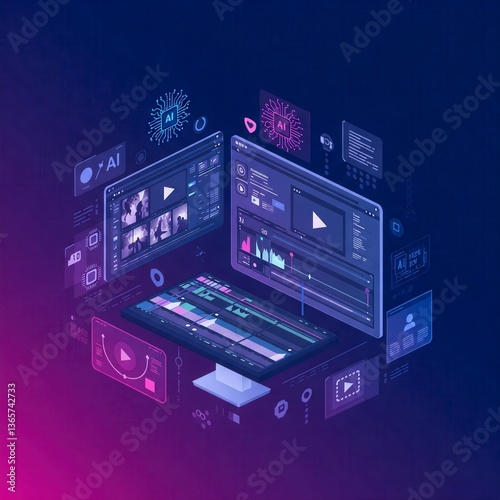 A 3D isometric view of digital networks and computers, illustrating video production and media technology.

