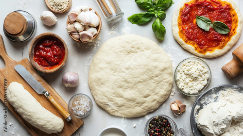 A deconstructed pizza with toppings, dough, and sauce neatly arranged.