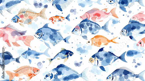 watercolor seamless pattern with fish. children's simple drawing blue and red fish on a white background. doodle