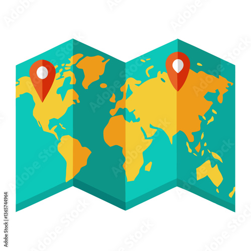map of the world, Folded world map with marked destinations, isolated on white.