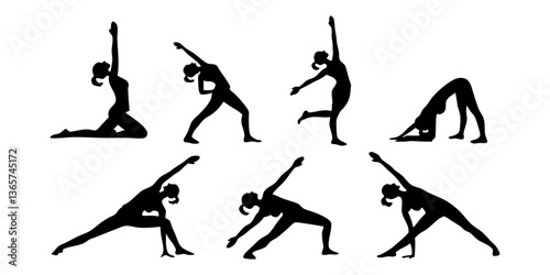 silhouette representations of yoga practitioners in differing poses.
