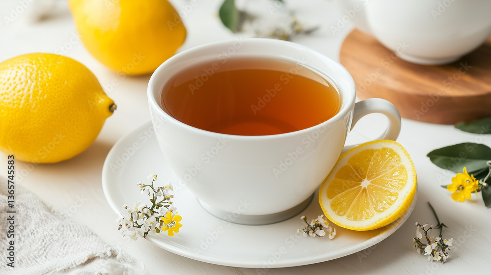 A classic porcelain teacup filled with black tea, a lemon slice resting beside it. A classic porcelain teacup filled with black tea, a lemon slice resting beside it.