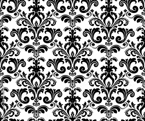 Black damask pattern seamless on white background. Vintage seamless floral background. Old retro flower ornate vector luxury wallpaper. Elegant victorian tile design.