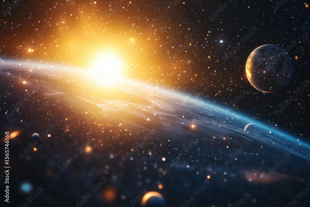 Obraz premium A planet orbits a bright sun in the starry cosmos, illuminating the vast space with its radiant glow.