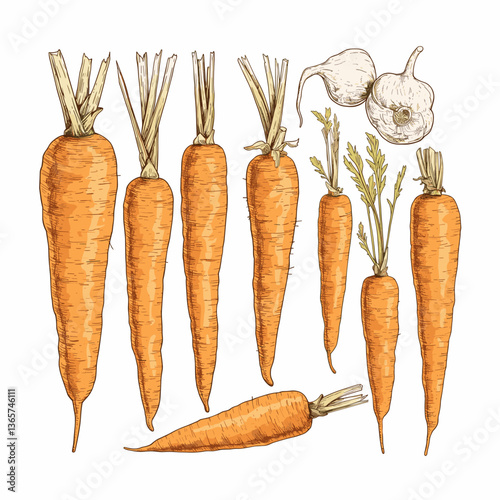 Vintage Carrot Sketch Collection. Hand Drawn Engraved Vector Illustration of Whole Carrots, Slices, and Leaves for Farm, Agriculture, and Organic Fresh Food Harvest