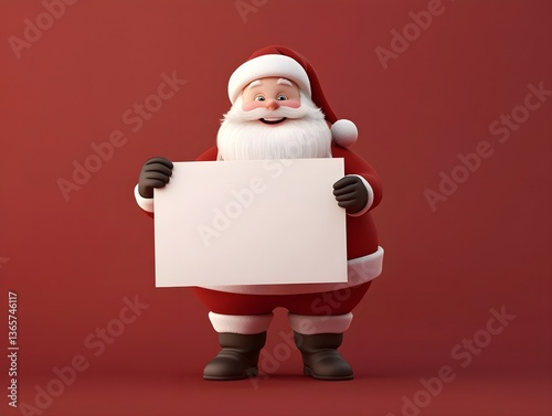 3D character of Santa Claus holding a white blank board