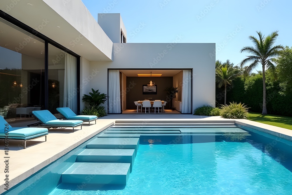 Tranquil modern villa showcasing a pristine infinity pool, inviting lounging areas, and a bright airy interior, bathed in sunlight.