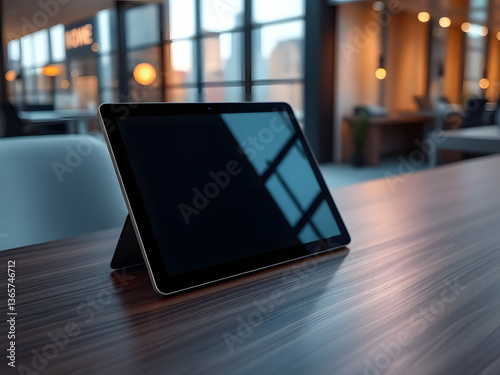 A blank digital tablet rests on a wooden office desk