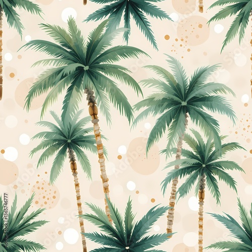Tropical Palm Tree Seamless Pattern, Watercolor palm trees on beige background