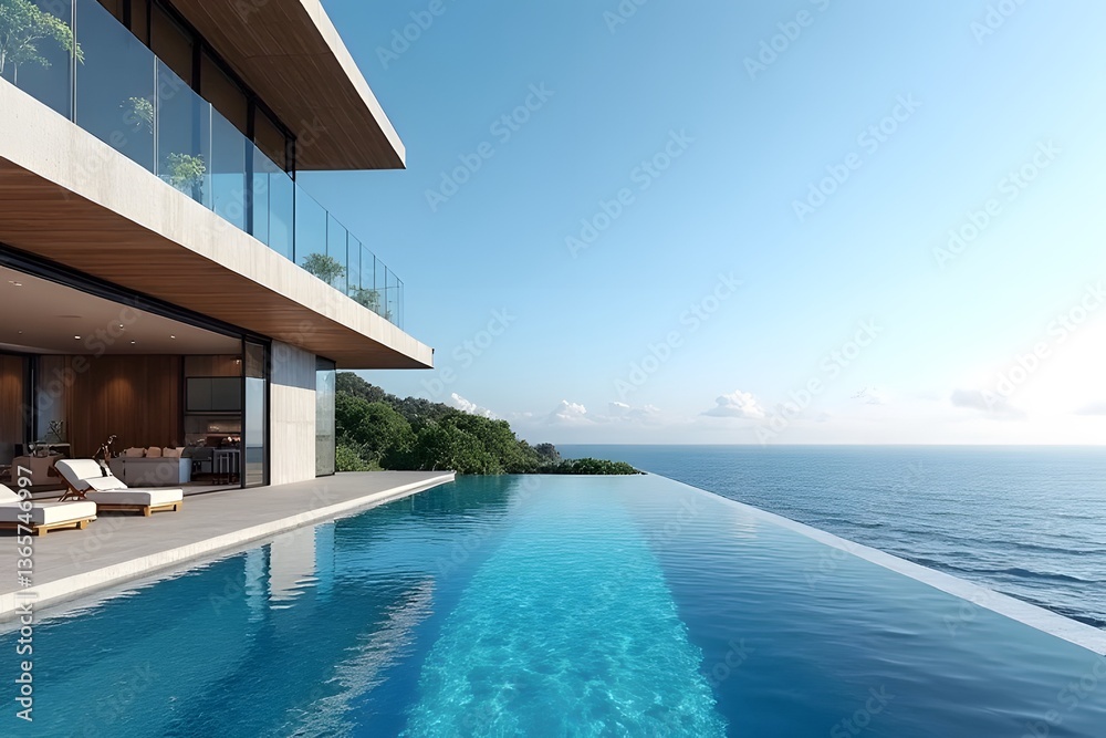 Fototapeta premium Oceanfront luxury villa's infinity pool, a tranquil escape with breathtaking panoramic views under a vibrant blue sky.